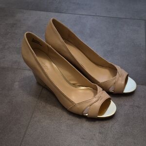 Gold And Tan Peep-Toe Wedges Size 8